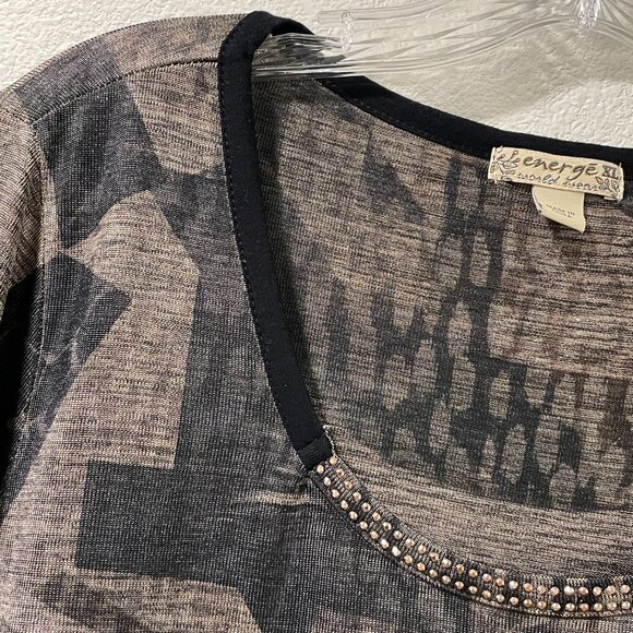 ENERGE WORLD WEAR Rhinestone Trim Top, Black/MultiPrint - XL - Picture 3 of 9